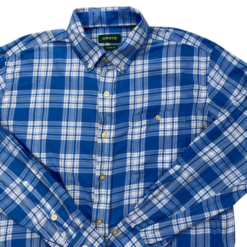 Orvis Button Down Shirt Mens Large Blue Plaid Classic Fit Cotton Long Sleeve